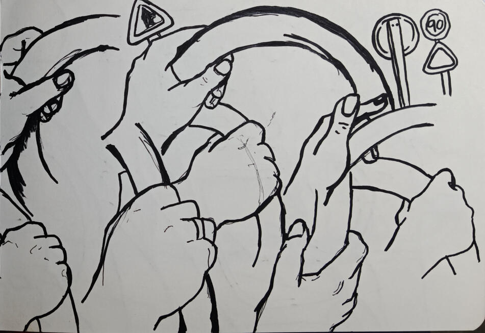 Life Drawing Hands on a Car Ride | Ink on sketcbook
